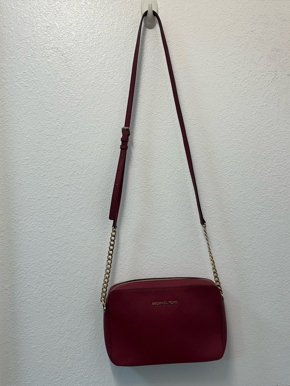 Michael Kors Burgundy Saffiano Leather Crossbody Bag gold-tone/chain-link strap
